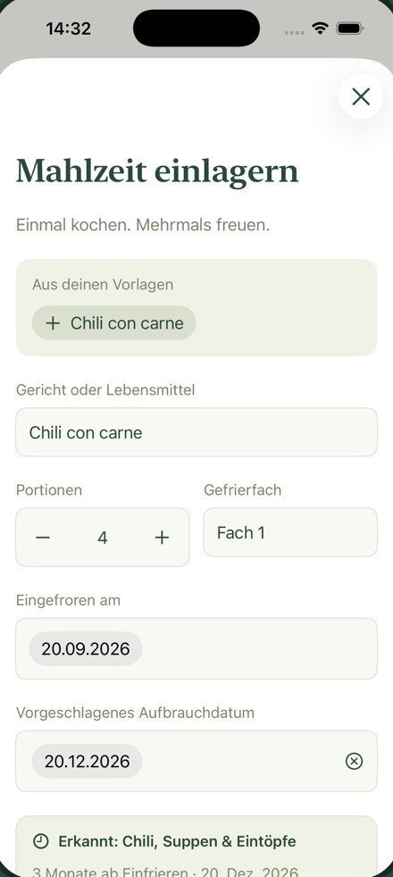 FreezerFlow-Ansicht zum Einlagern eines Gerichts
